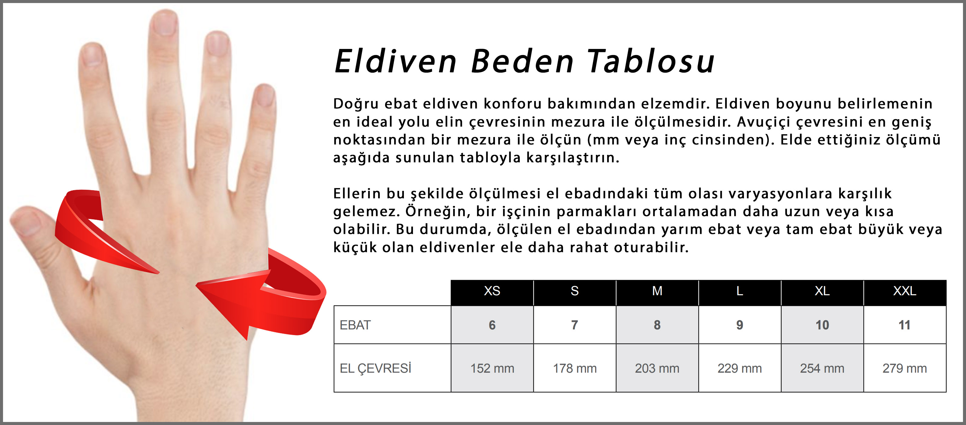 eldiven beden ölçü tablosu