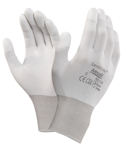 Ansell- HYFLEX® 48-105 Beyaz Parmak Uçları Kaplı Sensilite Poliüretan Kaplı Hassas İş Eldiveni (Çift-10)