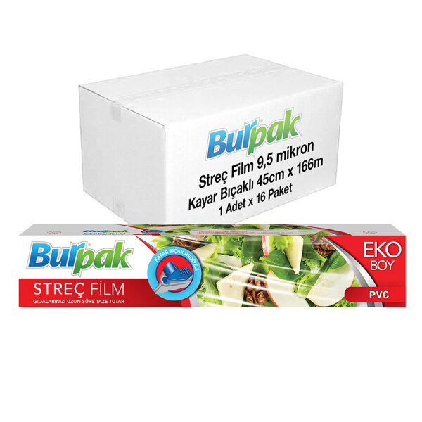 Burpak Kayar Bıçak Hediyeli Streç Film 45cm x 166m 10mic x 16 Paket (Koli) - 1
