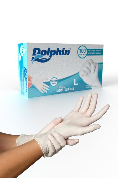 Dolphin Beyaz Nitril Eldiven Pudrasız (L) 100lü Paket