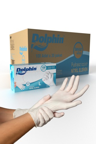 Dolphin - Dolphin Beyaz Nitril Eldiven Pudrasız (L) 20 PK x 100 Adet (Koli)