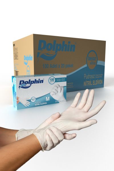 Dolphin Beyaz Nitril Eldiven Pudrasız (M) 20 PK x 100 Adet (Koli) - 1