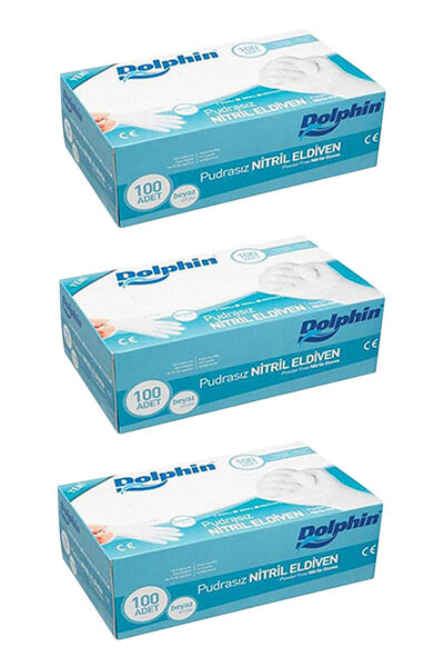 Dolphin Beyaz Nitril Eldiven Pudrasız (S) 100lü Paket 3 Adet