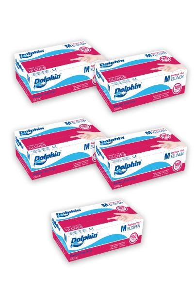Dolphin Beyaz Vinil Eldiven Pudrasız (M) 100lü Paket 5 Adet
