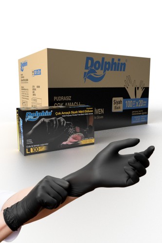 Dolphin - Dolphin Çok Amaçlı Siyah Nitril Eldiven L 100 Adet x 20 Paket - Koli