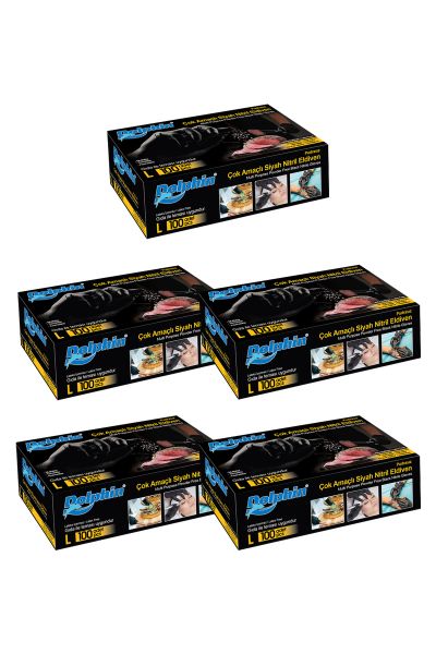Dolphin Çok Amaçlı Siyah Nitril Eldiven (L) 100lü Paket 5 Adet (Gıdaya Uygun)