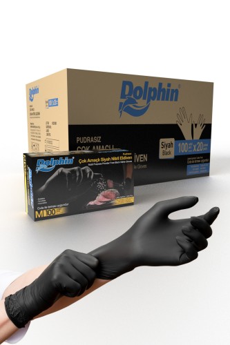Dolphin - Dolphin Çok Amaçlı Siyah Nitril Eldiven M 100 Adet x 20 Paket - Koli