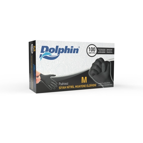 Dolphin Siyah Çok Amaçlı Nitril Muayene Eldiveni M Beden 100 Adet - MDR - 1