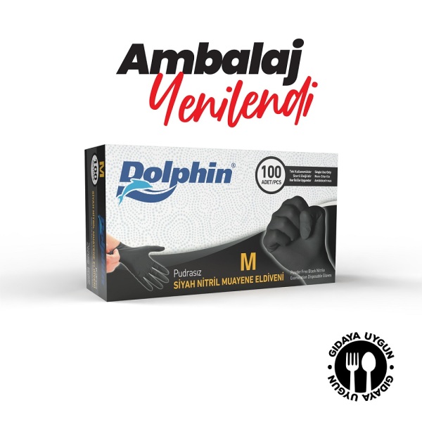 Dolphin Siyah Çok Amaçlı Nitril Muayene Eldiveni M Beden 100 Adet - MDR - 2