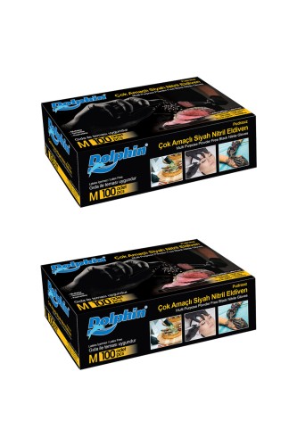 Dolphin - Dolphin Çok Amaçlı Siyah Nitril Eldiven (M) 100lü Paket 2 Adet (Gıdaya Uygun)