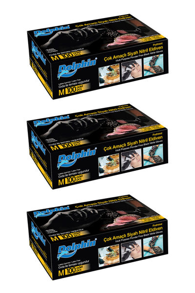 Dolphin Çok Amaçlı Siyah Nitril Eldiven (M) 100lü Paket 3 Adet (Gıdaya Uygun)