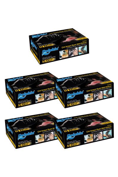 Dolphin Çok Amaçlı Siyah Nitril Eldiven (M) 100lü Paket 5 Adet (Gıdaya Uygun)