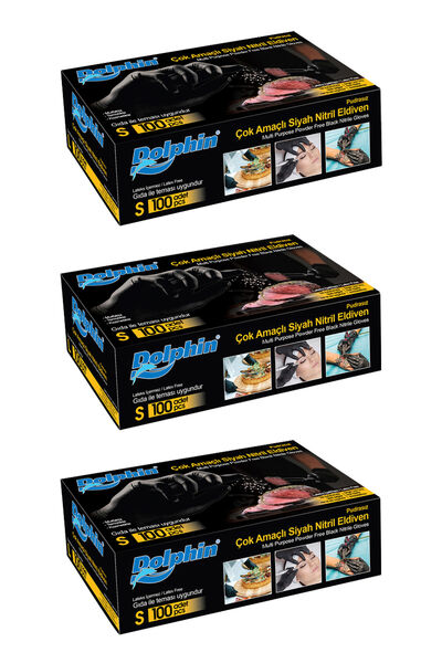 Dolphin Çok Amaçlı Siyah Nitril Eldiven (S) 100lü Paket 3 Adet (Gıdaya Uygun)