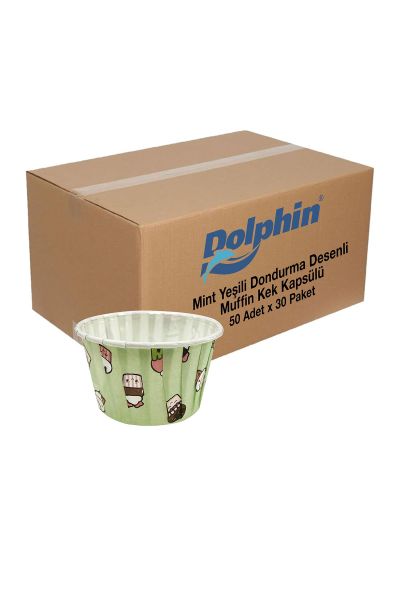 Dolphin Kağıt Muffin Kek Kapsülü Dondurma Desenli Mint Yeşili 50 Adet x 30 Paket Koli
