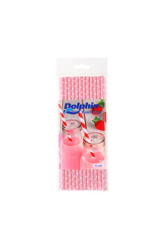 Dolphin - Dolphin Kağıt Pipet Beyaz Puantiyeli Pembe 20cm 25li