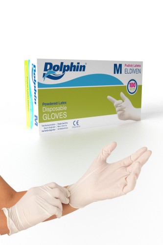 Dolphin - Dolphin Beyaz Lateks Eldiven Pudralı (M) 100lü Paket