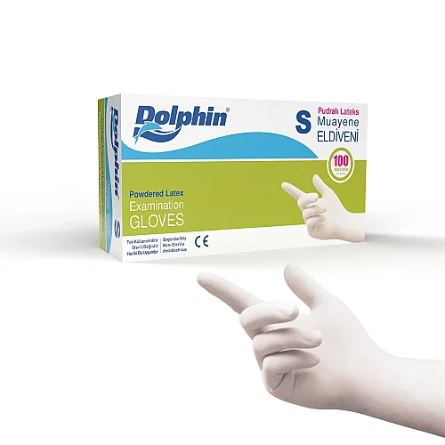 Dolphin Pudralı Lateks Muayene Eldiveni Beyaz S Beden 100 Adet - 1