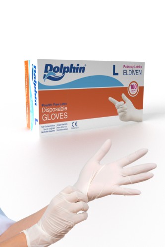 Dolphin Beyaz Lateks Eldiven Pudrasız (L) 100lü Paket - Thumbnail