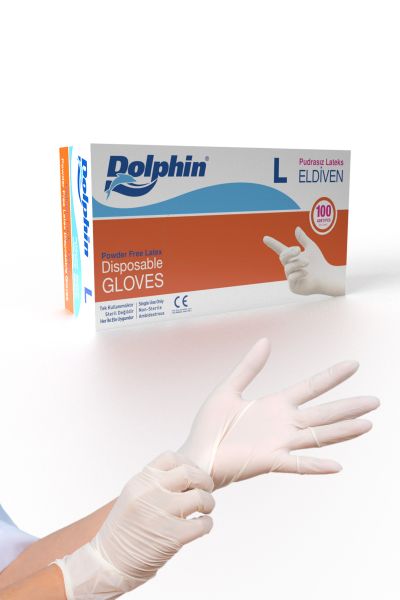 Dolphin Beyaz Lateks Eldiven Pudrasız (L) 100lü Paket