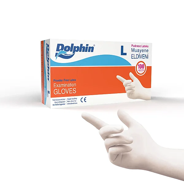 Dolphin Pudrasız Lateks Muayene Eldiveni L Beden 100 Adet x 20 Paket - MDR - Koli - 1