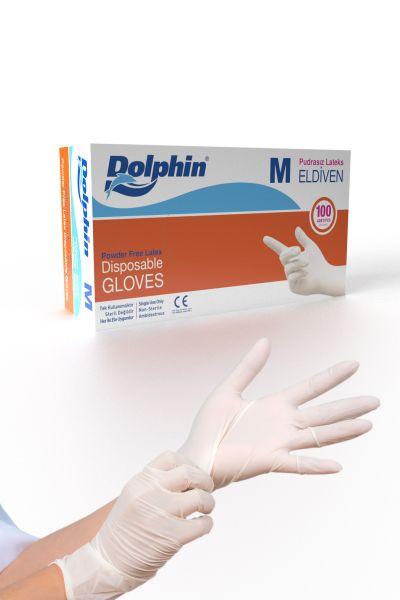 Dolphin Beyaz Lateks Eldiven Pudrasız (M) 100lü Paket