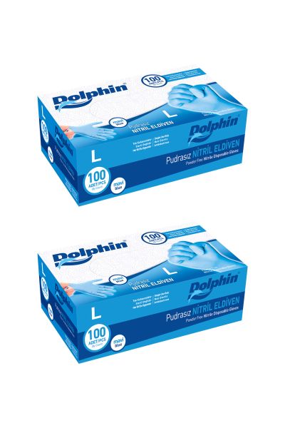 Dolphin Mavi Nitril Eldiven Pudrasız (L) 100lü Paket 2 Adet