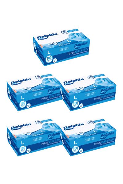 Dolphin Mavi Nitril Eldiven Pudrasız (L) 100lü Paket 5 Adet