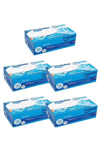 Dolphin Mavi Nitril Eldiven Pudrasız (L) 100lü Paket 5 Adet
