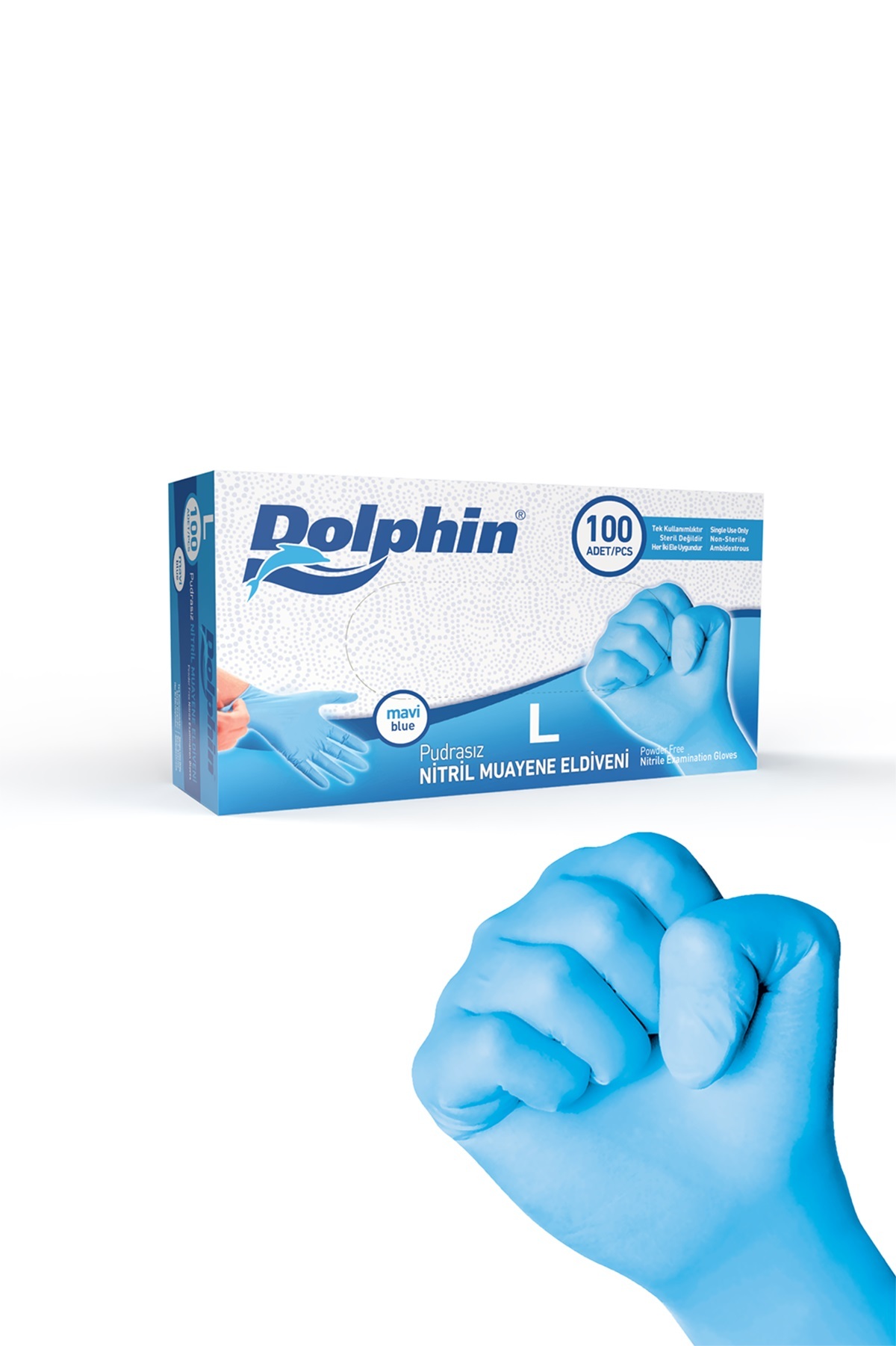 Dolphin Pudrasız Mavi Nitril Muayene Eldiveni L Beden 100 Adet -MDR