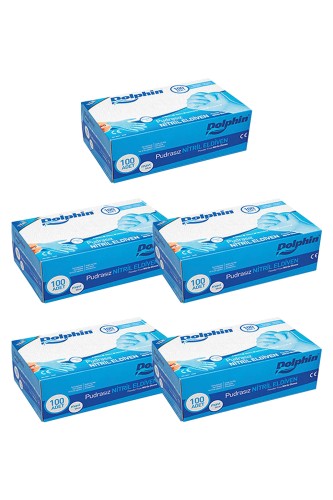 Dolphin - Dolphin Mavi Nitril Eldiven Pudrasız (M) 100lü Paket 5 Adet