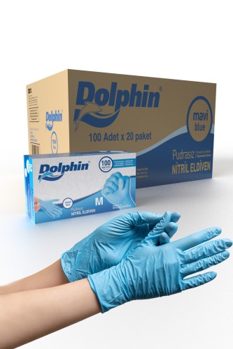 Dolphin - Dolphin Mavi Nitril Eldiven Pudrasız (M) 20 PK x 100 Adet (Koli)