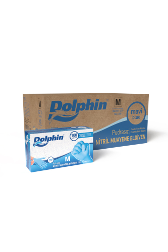Dolphin Pudrasız Mavi Nitril Muayene Eldiveni M Beden 100’lü Kutu | 20 Paket - Koli - Dolphin