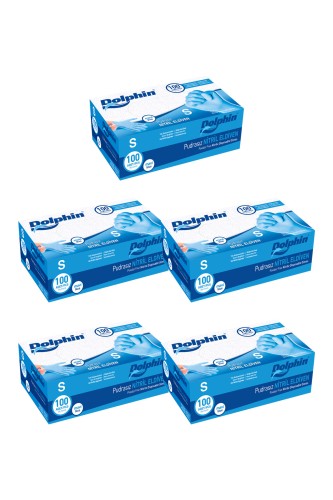 Dolphin - Dolphin Mavi Nitril Eldiven Pudrasız (S) 100lü Paket 5 Adet