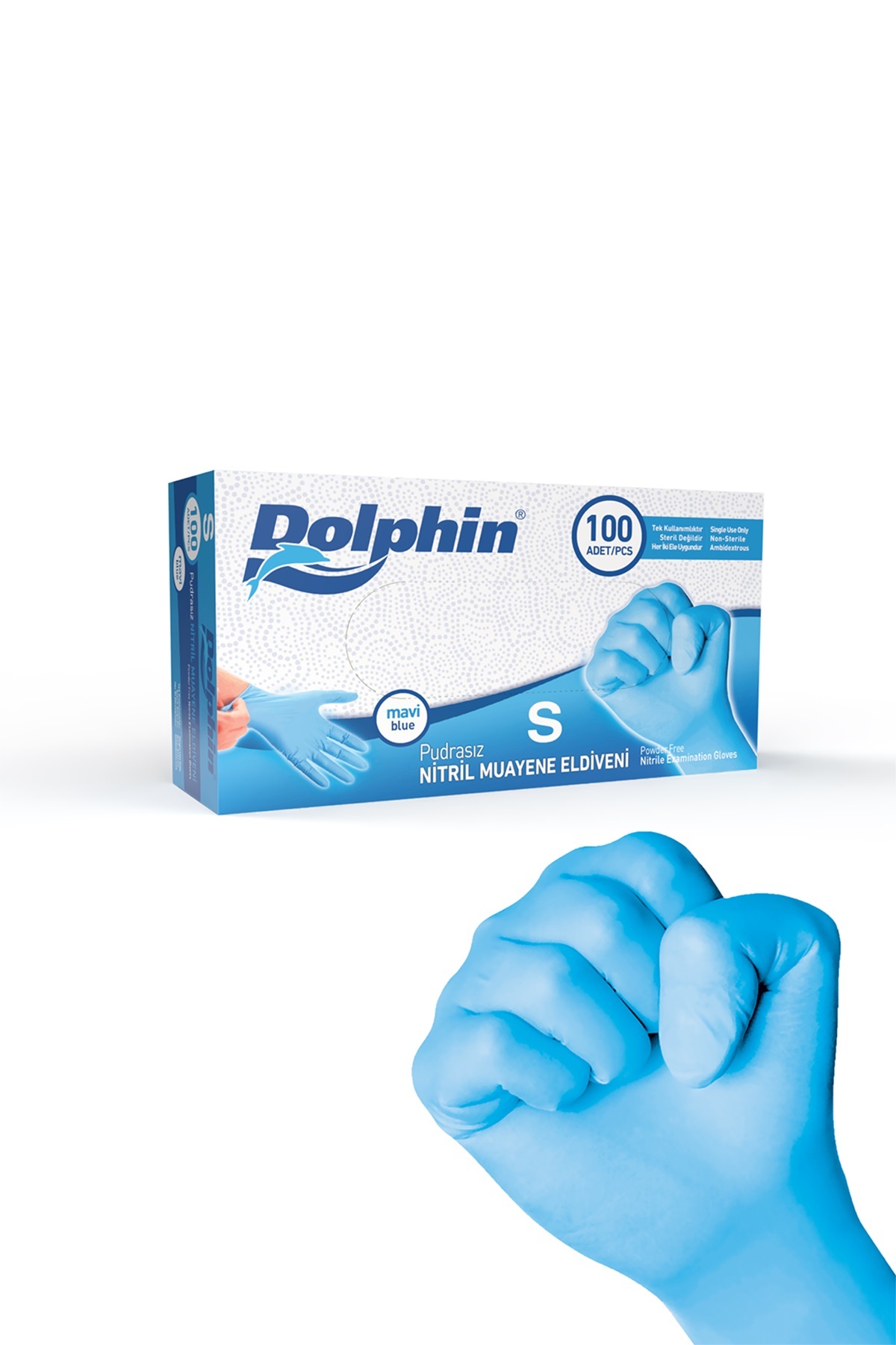 Dolphin Pudrasız Mavi Nitril Muayene Eldiveni S Beden 100 Adet -MDR