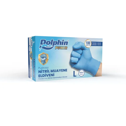 Dolphin Nitril Muayene Eldiveni Pudrasız Kalın Mavi L Beden 100 Adet-MDR - 1