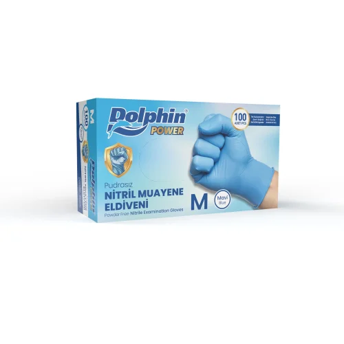Dolphin Nitril Muayene Eldiveni Pudrasız Kalın Mavi M Beden 100 Adet-MDR - Dolphin