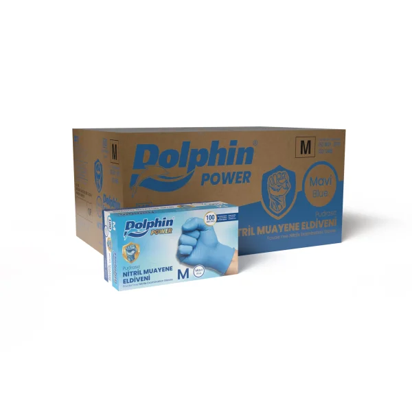 Dolphin Nitril Muayene Eldiveni Pudrasız Kalın Mavi M Beden 100 Adet x 20 Paket-Koli - 1