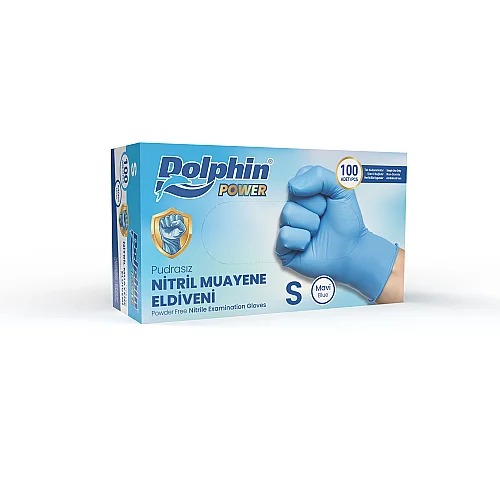 Dolphin Pudrasız Kalın Mavi Nitril Muayene Eldiveni S Beden 100 Adet -MDR - Dolphin