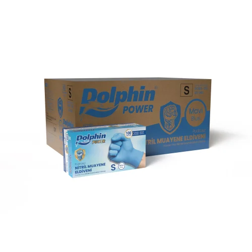 Dolphin Nitril Muayene Eldiveni Pudrasız Kalın Mavi S Beden 100 Adet x 20 Paket-Koli - Dolphin