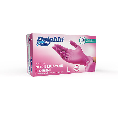 Dolphin Pembe Nitril Muayene Eldiveni L Beden 100 Adet - MDR - Dolphin