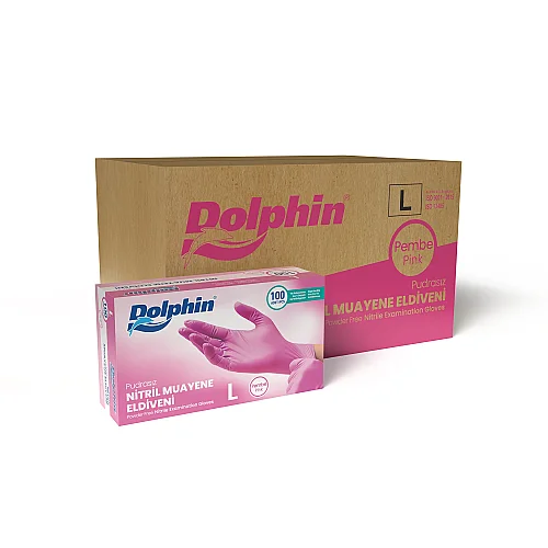 Dolphin Pembe Nitril Muayene Eldiveni L Beden 100’lü Kutu | 20 Paket - Koli - Dolphin