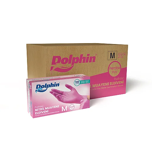Dolphin Pembe Nitril Muayene Eldiveni M Beden 100’lü Kutu | 20 Paket - Koli - Dolphin