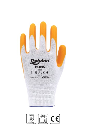 Dolphin Polyester Nitril İş Eldiveni Beyaz/Sarı PON5 10-XL 1 Çift - Dolphin