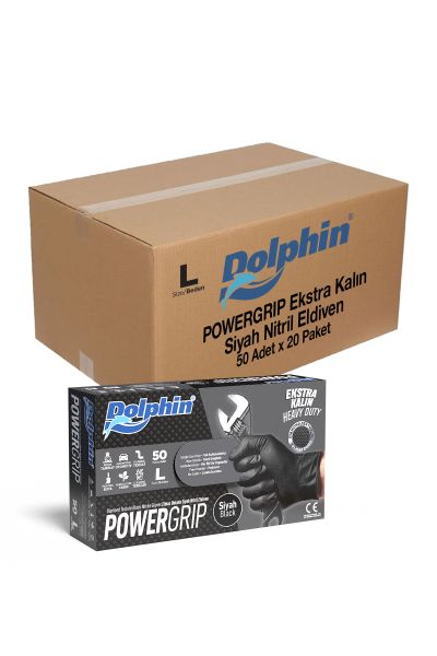 Dolphin PowerGrip Ekstra Kalın Siyah Nitril Eldiven Elmas Dokulu L 50 Adet x 20 Paket - Koli