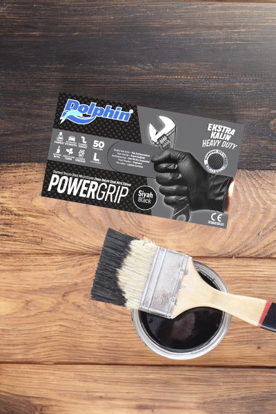 Dolphin PowerGrip Ekstra Kalın Siyah Nitril Eldiven Elmas Dokulu L 50 Adet x 20 Paket - Koli