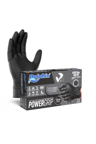 Dolphin PowerGrip Ekstra Kalın Siyah Nitril Eldiven Elmas Dokulu L Beden 50 Adet - Dolphin