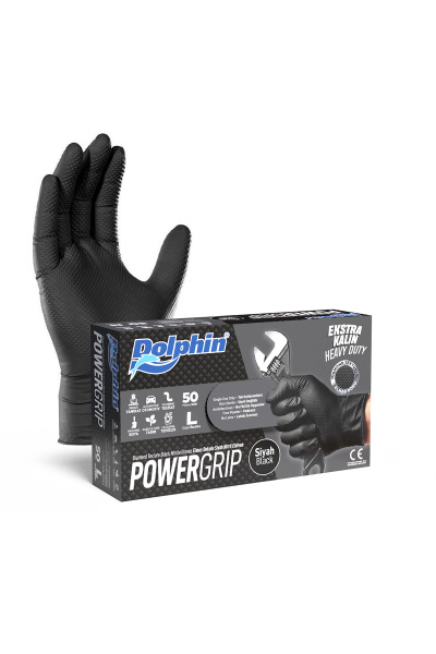 Dolphin PowerGrip Ekstra Kalın Siyah Nitril Eldiven Elmas Dokulu L Beden 50 Adet - 1