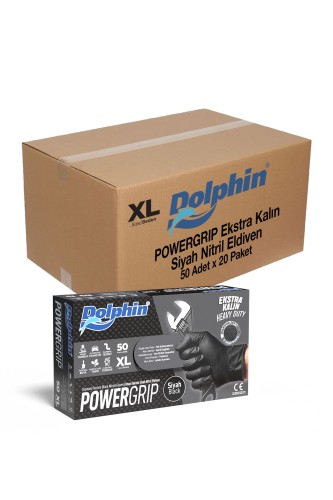 Dolphin - Dolphin PowerGrip Ekstra Kalın Siyah Nitril Eldiven Elmas Dokulu XL 50 Adet x 20 Paket - Koli