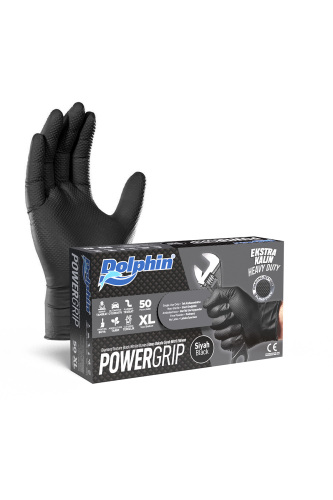 Dolphin PowerGrip Ekstra Kalın Siyah Nitril Eldiven Elmas Dokulu XL Beden 50 Adet - Dolphin