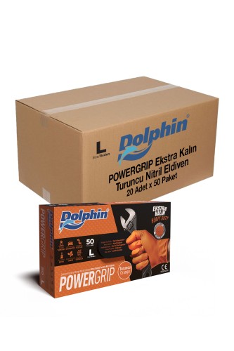 Dolphin PowerGrip Ekstra Kalın Turuncu Nitril Eldiven Elmas Dokulu L 50 Adet x 20 Paket - Koli - Thumbnail